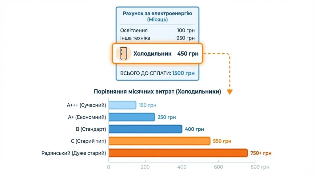 Порівняння щомісячних витрат на електроенергію для різних типів холодильників в Україні у 2026 році