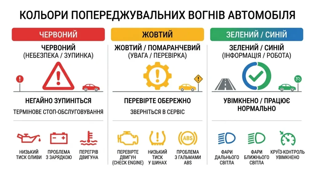 кольори попереджувальних лампочок на панелі приладів