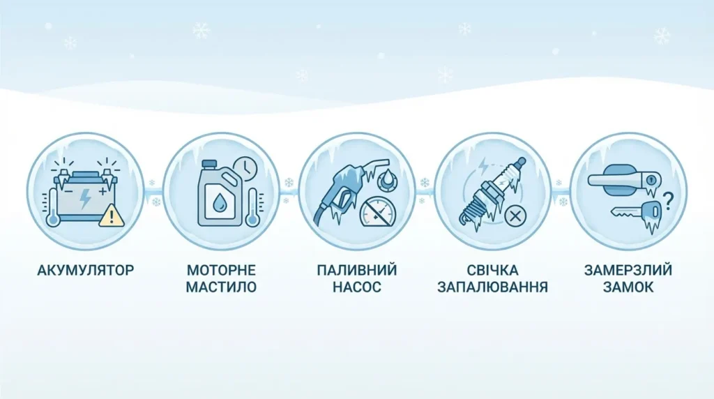 інфографіка причини чому машина не заводиться взимку акумулятор масло свічки