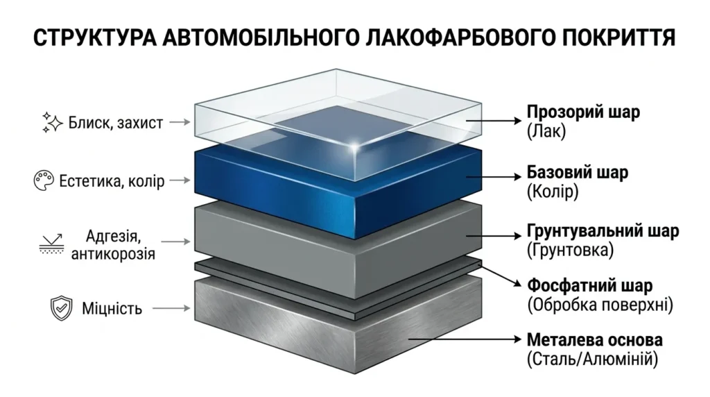 Схема шарів лакофарбового покриття автомобіля з підписами