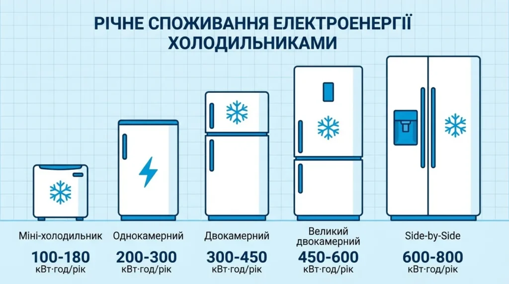 Порівняння споживання електроенергії різних типів холодильників — від мінібару до Side-by-Side