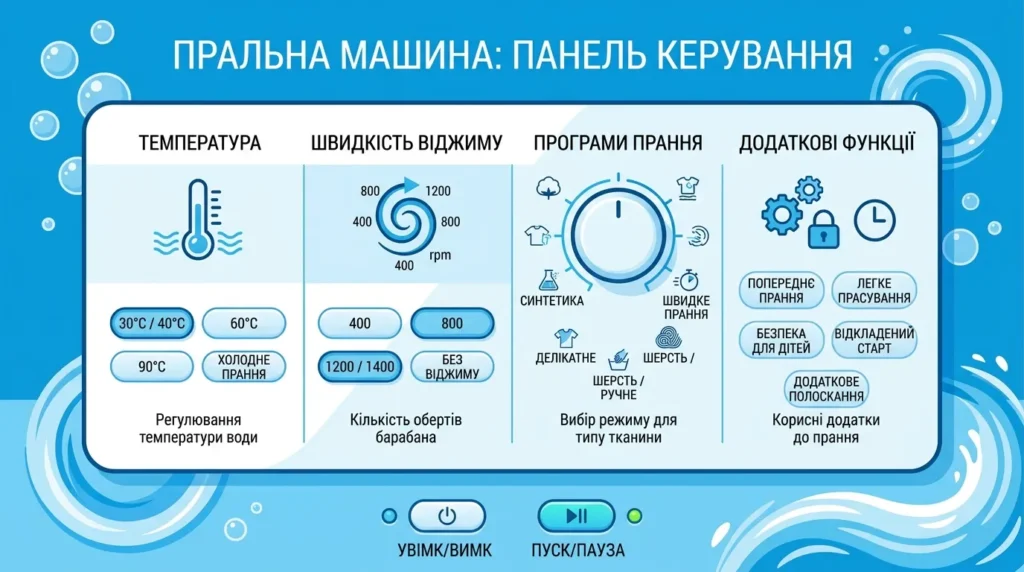 схема значків на панелі керування пральної машини з підписами