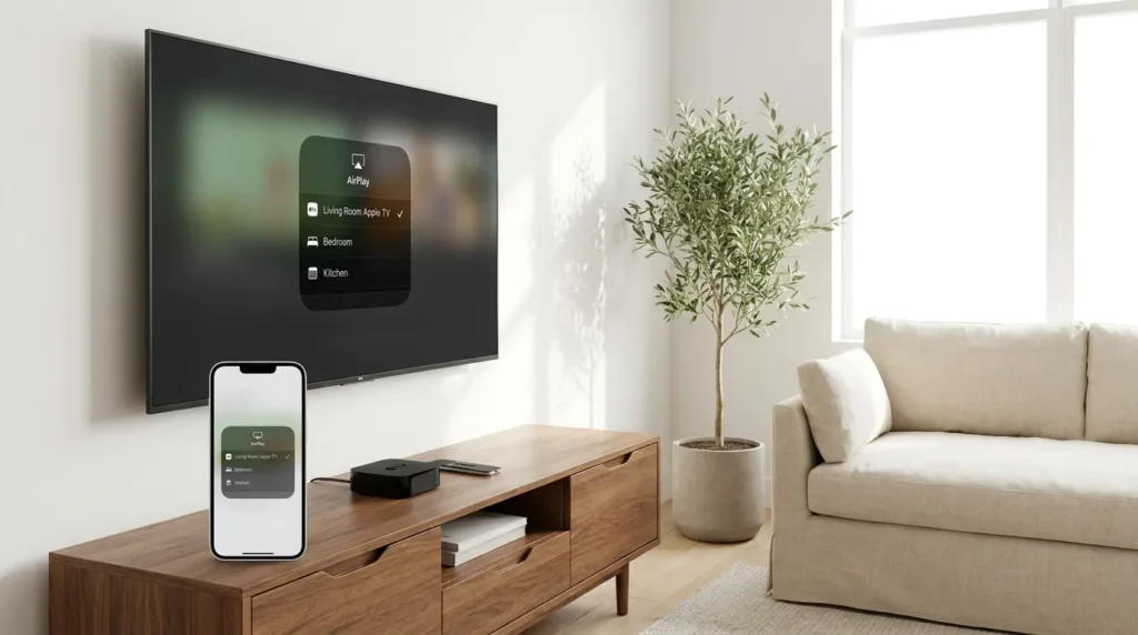iPhone з меню AirPlay для підключення до телевізора