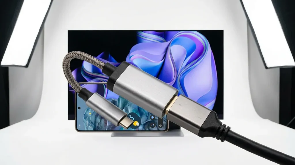 Адаптер USB-C to HDMI підключений до смартфона