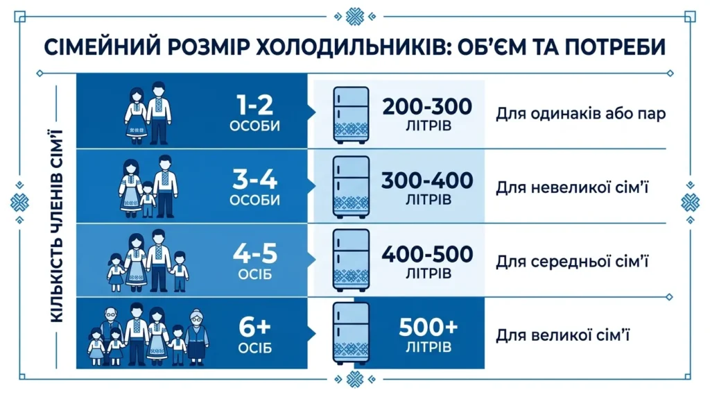 таблиця об’єму холодильника на кількість людей у сім’ї