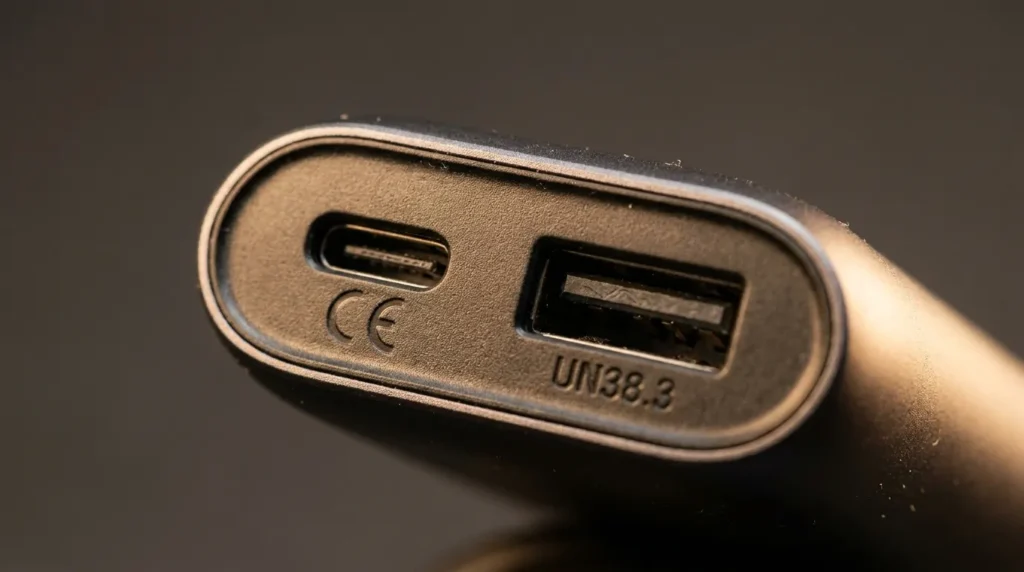 порти USB-C і USB-A на павербанку з сертифікатами CE і UN38.3