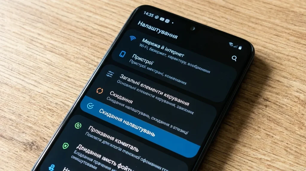 Меню налаштувань Android — розділ скидання до заводських налаштувань