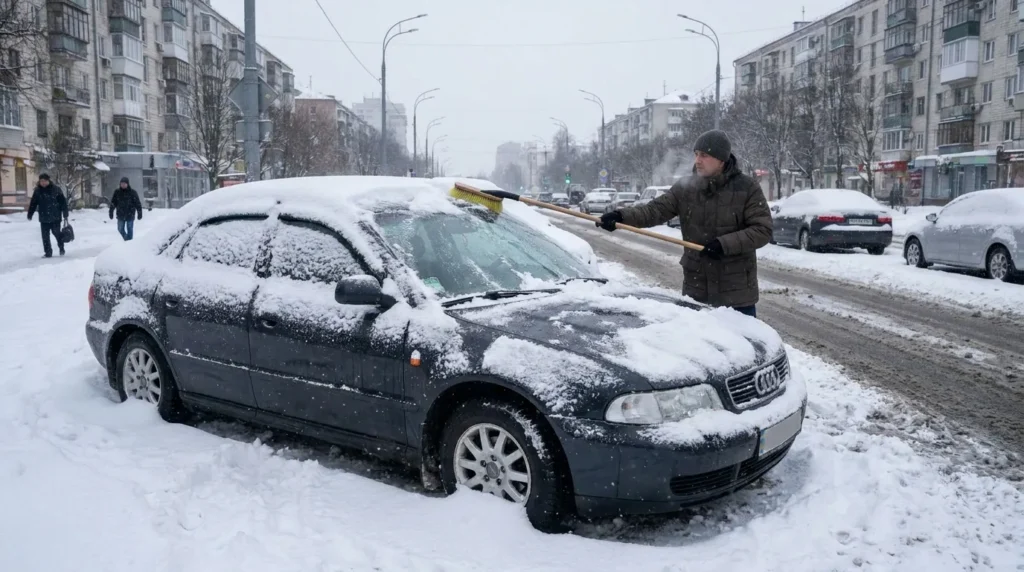 прибирання снігу з кузова автомобіля м’якою щіткою взимку на вулиці