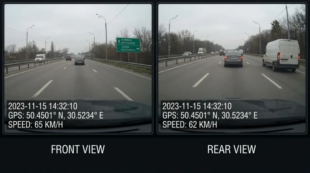двоканальний відеореєстратор з передньою і задньою камерою в автомобілі