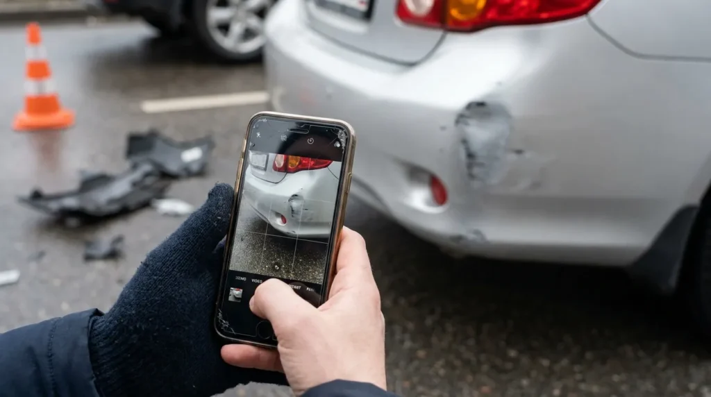 смартфон фотографує пошкодження бампера автомобіля після дорожньо-транспортної пригоди