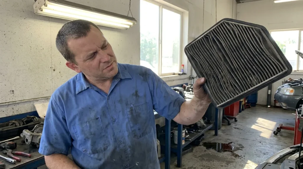Механік перевіряє стан повітряного фільтра — фільтр темного кольору потребує заміни