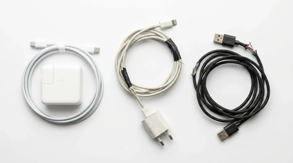 Оригінальний та дешеві неоригінальні зарядні пристрої для смартфона на білому фоні