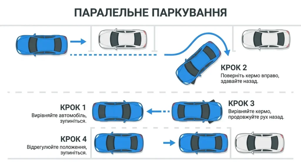 Покрокова схема паралельного паркування автомобіля з позначенням кутів і напрямку руху