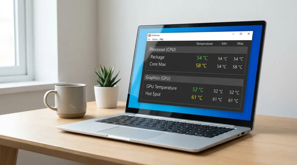 перевірка температури ноутбука після чистки програмою HWMonitor