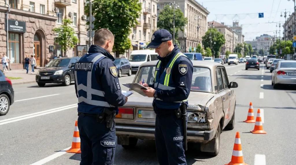 поліцейський оформляє протокол про дорожньо-транспортну пригоду поряд з пошкодженим автомобілем