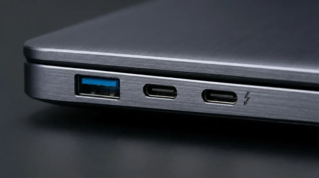 Порти USB-A, USB-C і Thunderbolt на боці ноутбука