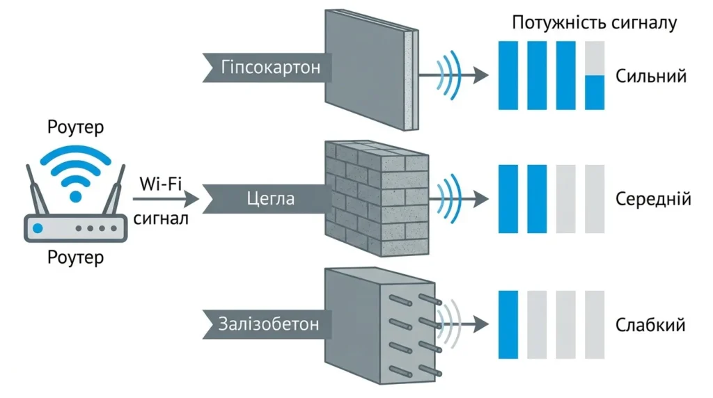 Залізобетонні стіни поглинають Wi-Fi сигнал у 3–4 рази сильніше за гіпсокартон