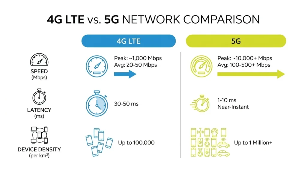 Інфографіка порівняння 4G та 5G — швидкість, затримка, місткість мережі