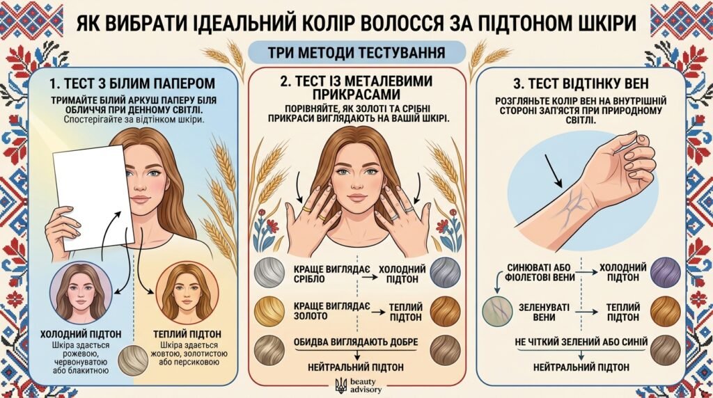 Три практичні методи перевірки підтону шкіри: тест з білим папером, золотом та сріблом, та тест з венами на зап'ястку

