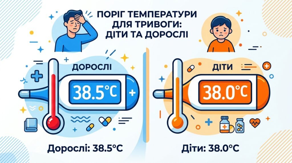 Інфографіка: поріг температури для дорослих 38.5°C та дітей 38°C