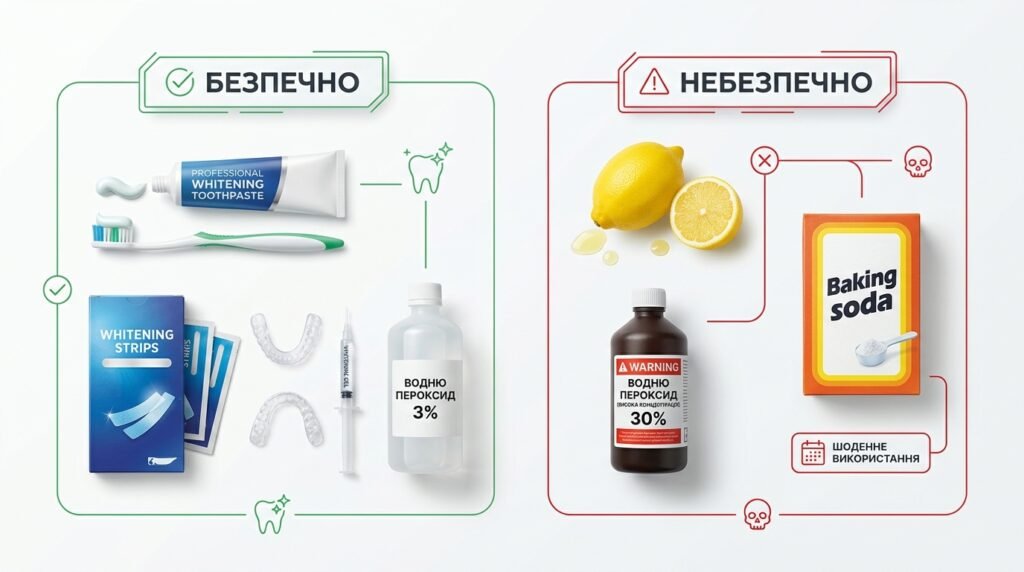 безпечні і небезпечні домашні методи відбілювання зубів порівняння