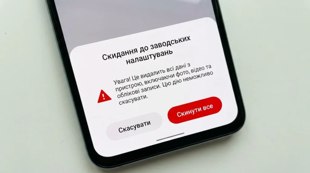 Екран підтвердження скидання заводських налаштувань на Android