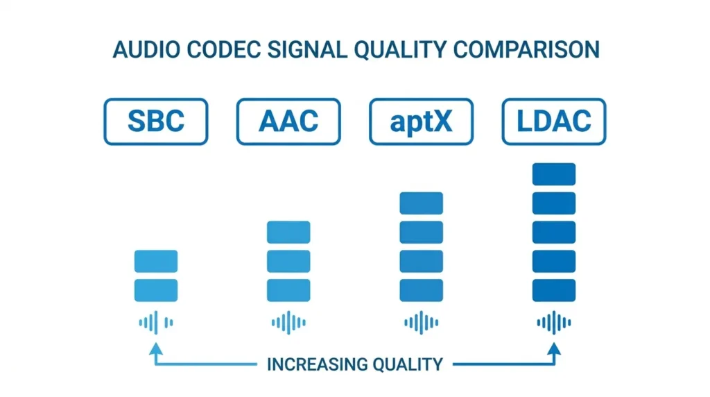 Схема порівняння аудіокодеків SBC AAC aptX LDAC за якістю звуку
