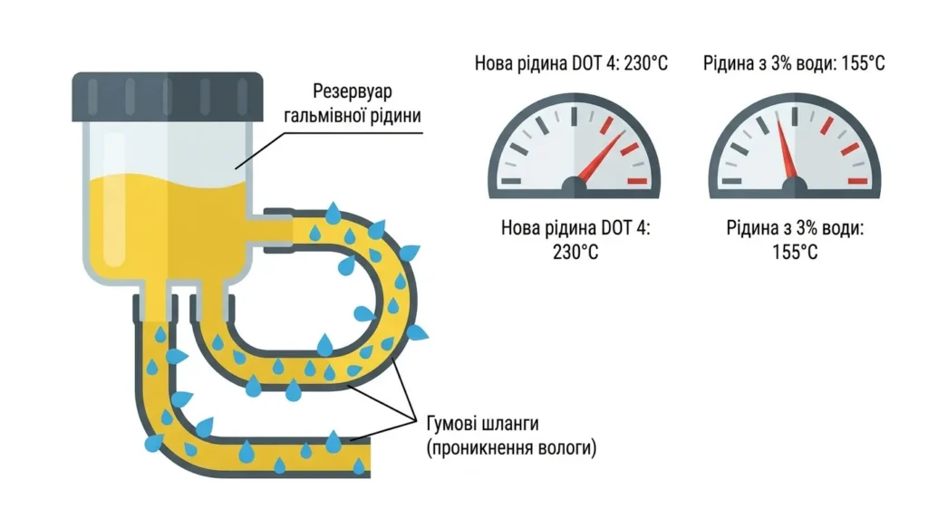 Схема гігроскопічності гальмівної рідини та зниження температури кипіння при вмісті вологи 3%