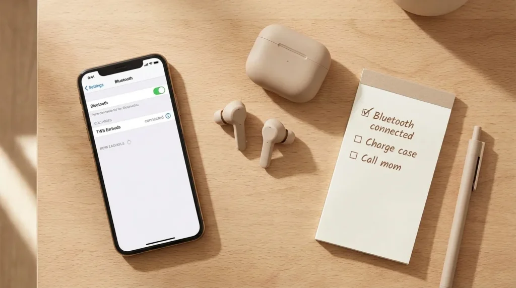 Смартфон з налаштуваннями Bluetooth поруч з навушниками і чеклистом вибору