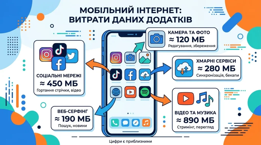 Інфографіка — чому мобільний інтернет витрачається швидко: фонові додатки, синхронізація хмари, автовідтворення відео