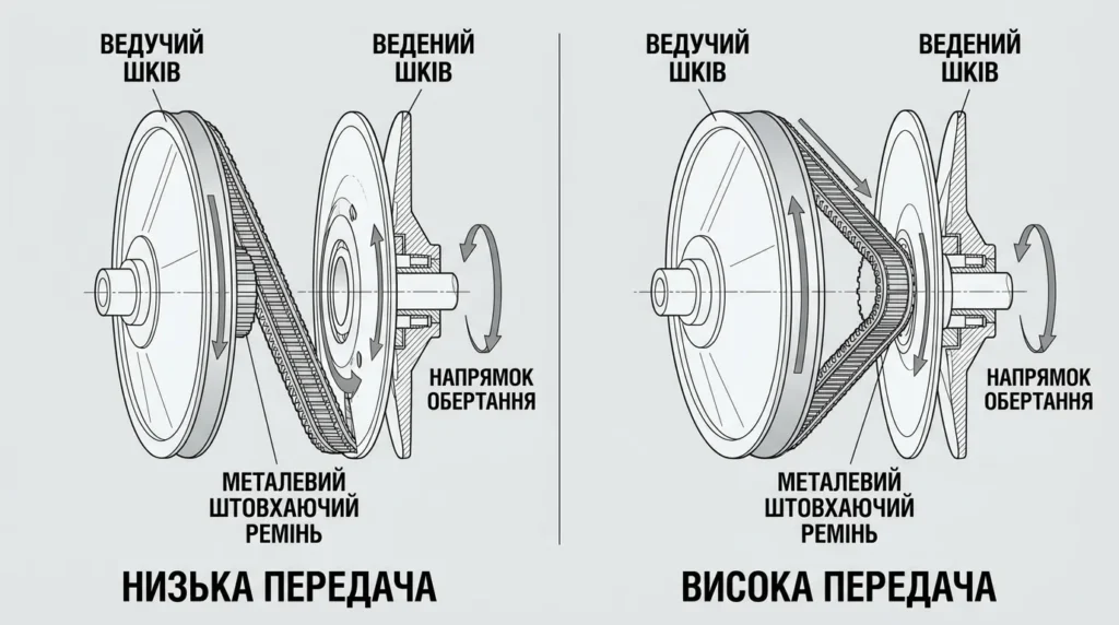 схема варіатора CVT конуси пасок принцип роботи безступінчаста трансмісія