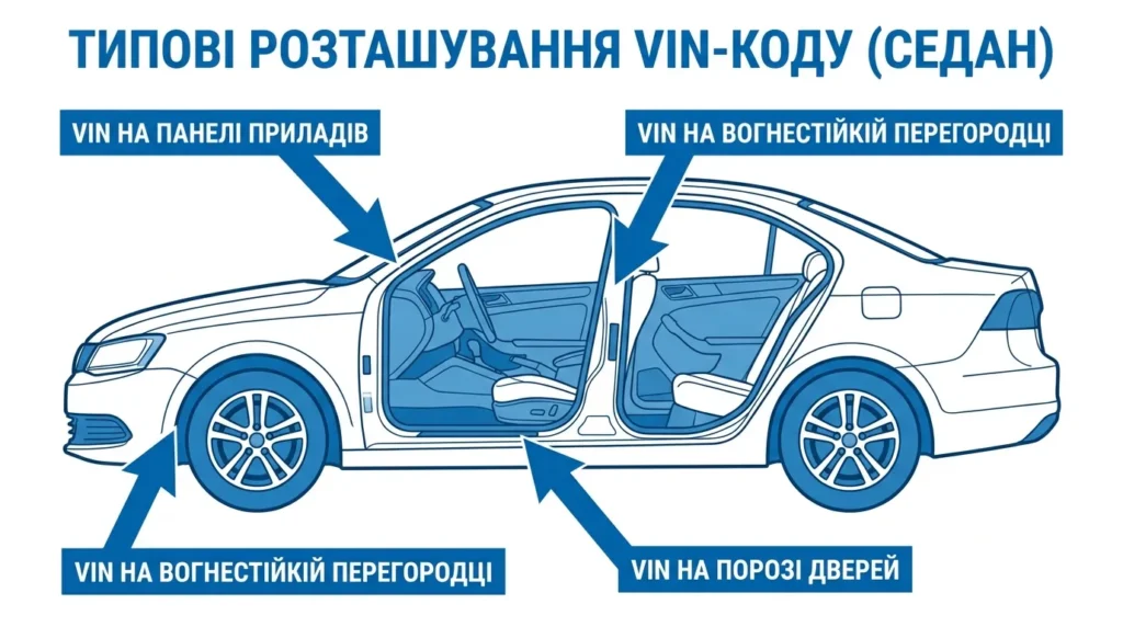 Схема автомобіля з позначеними місцями VIN-коду: приборна панель, дверна стійка, підкапотний простір