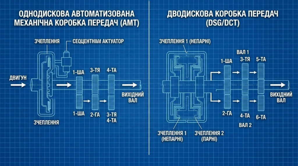 схема DSG DCT дводискова роботизована коробка порівняння з однодисковим роботом