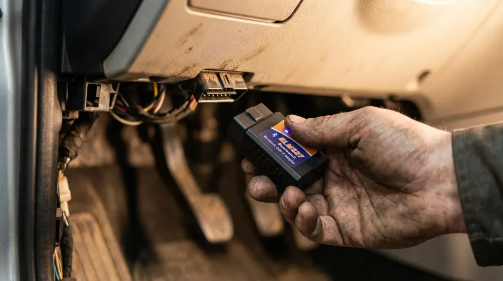 ELM327 адаптер підключений до OBD-II роз’єму в автомобілі