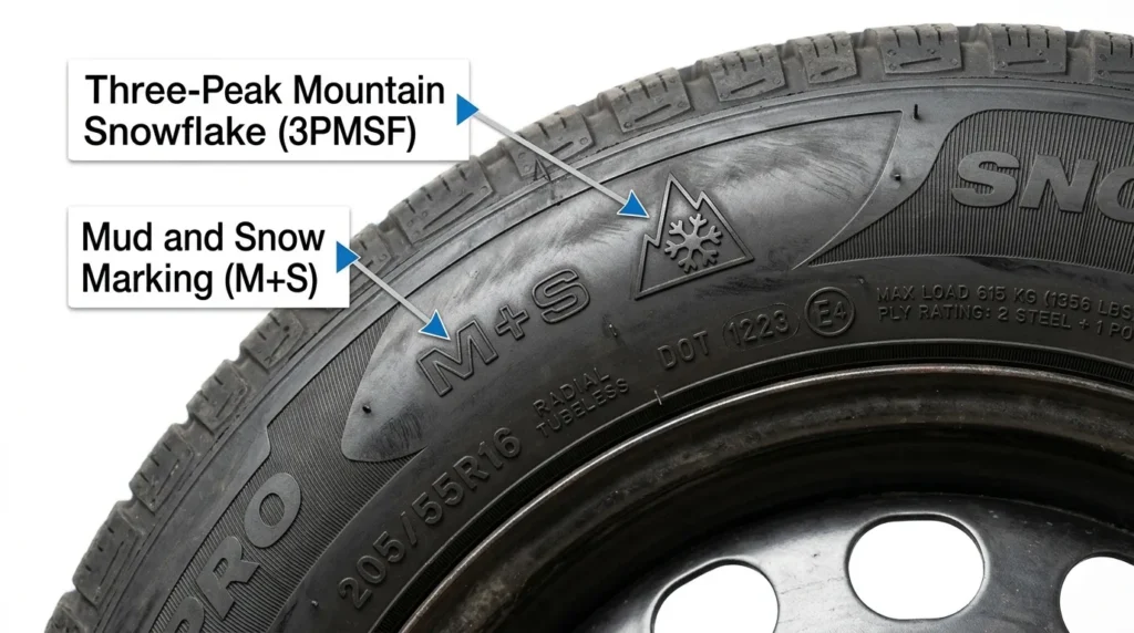 Маркування шини 3PMSF та M+S на боковині зимової шини