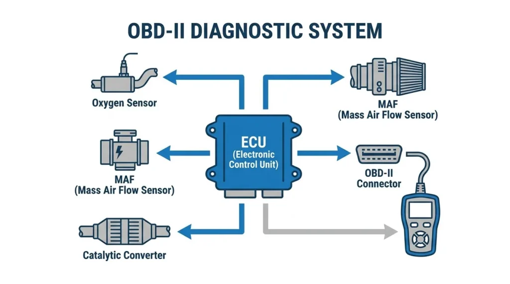 схема системи OBD-II в автомобілі — датчики та ЕБУ
