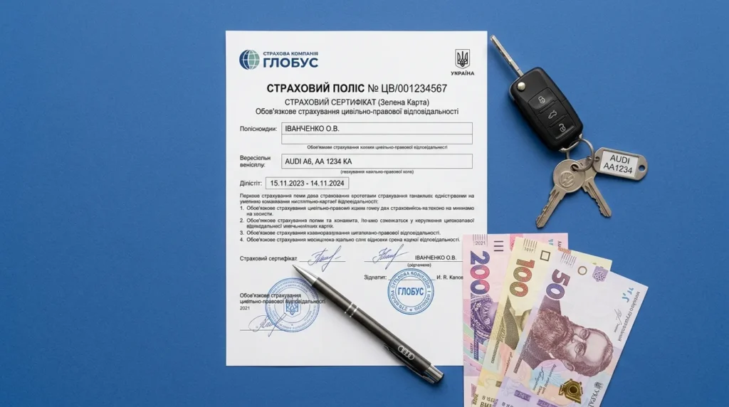 страховий поліс ОСЦПВ ключі від авто та гривні на синьому фоні