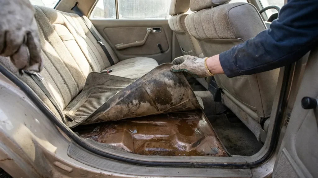 Перевірка підлоги салону автомобіля на вологість під килимком при купівлі
