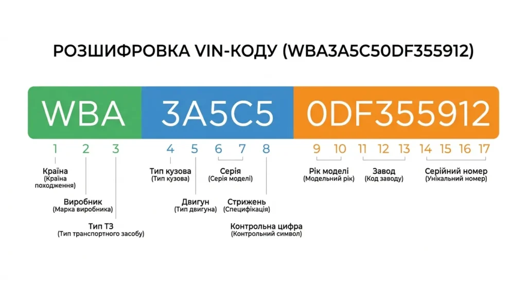 Приклад розшифровки VIN-коду по позиціях: WMI, VDS, VIS з поясненнями