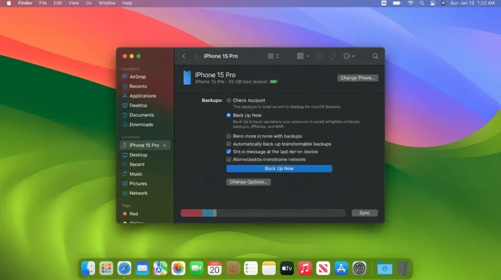 Покроковий вигляд резервного копіювання iPhone через Finder на Mac