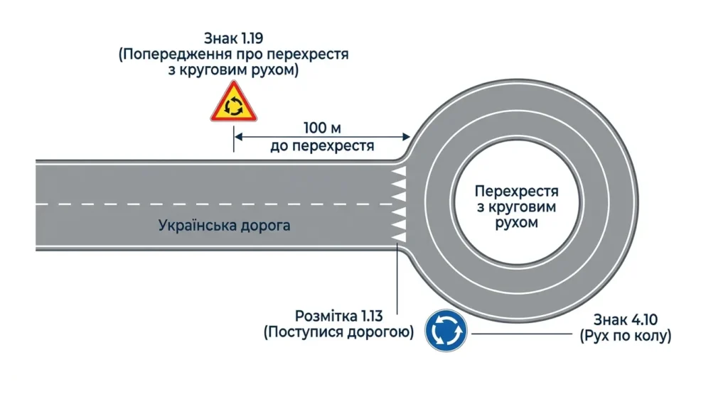 Дорожні знаки 1.19 і 4.10 та розмітка 1.13 перед в’їздом на кільцеву розв’язку в Україні
