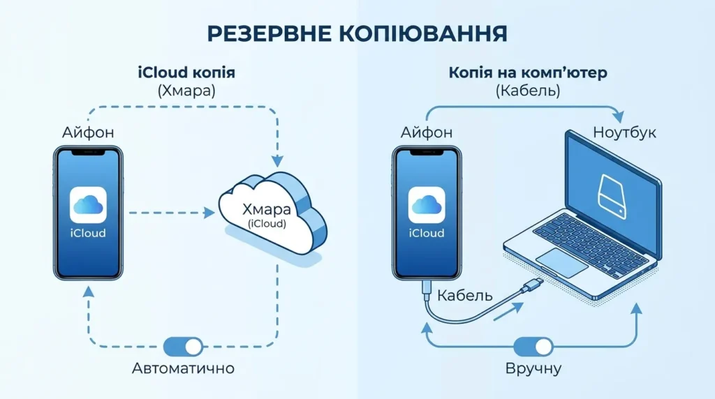 Схема методів резервного копіювання iPhone через iCloud та комп’ютер