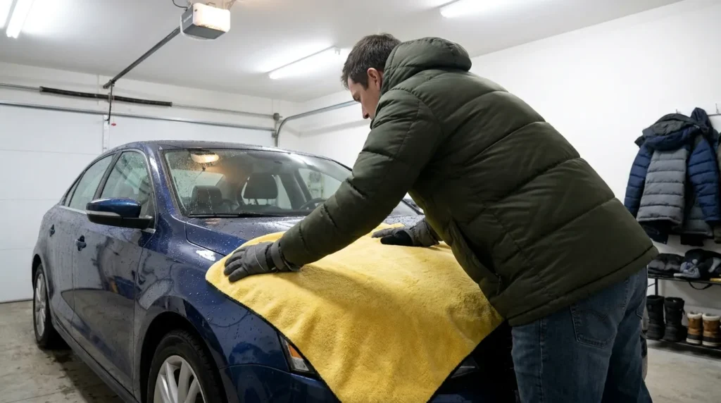 Сушіння автомобіля мікрофіброю після зимового миття