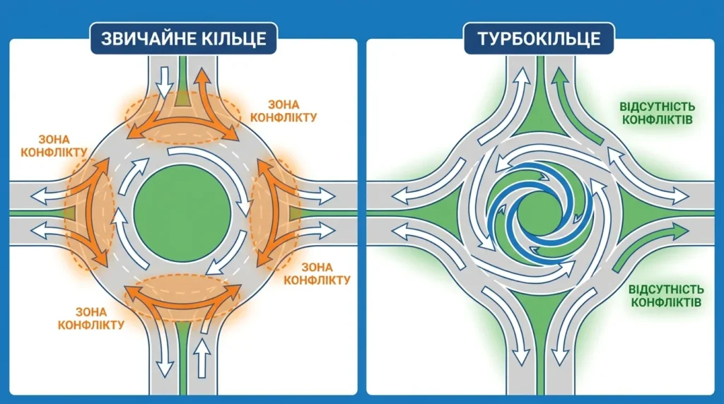 Порівняння звичайної кільцевої розв’язки і турбокільця в Україні: спіральна розмітка і відсутність конфліктних зон