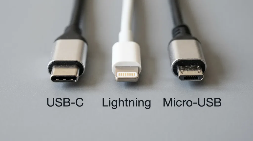 Три типи роз’ємів для зарядки телефону — USB-C, Lightning і Micro-USB — крупним планом