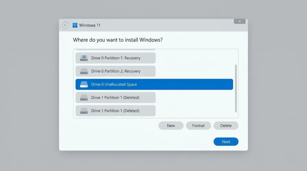 Екран вибору диска під час встановлення Windows 11 — нерозмічена область обрана для чистого встановлення