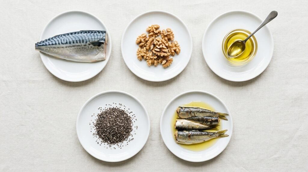 Продукти багаті на Омега-3: скумбрія, волоські горіхи, лляна олія та насіння чіа